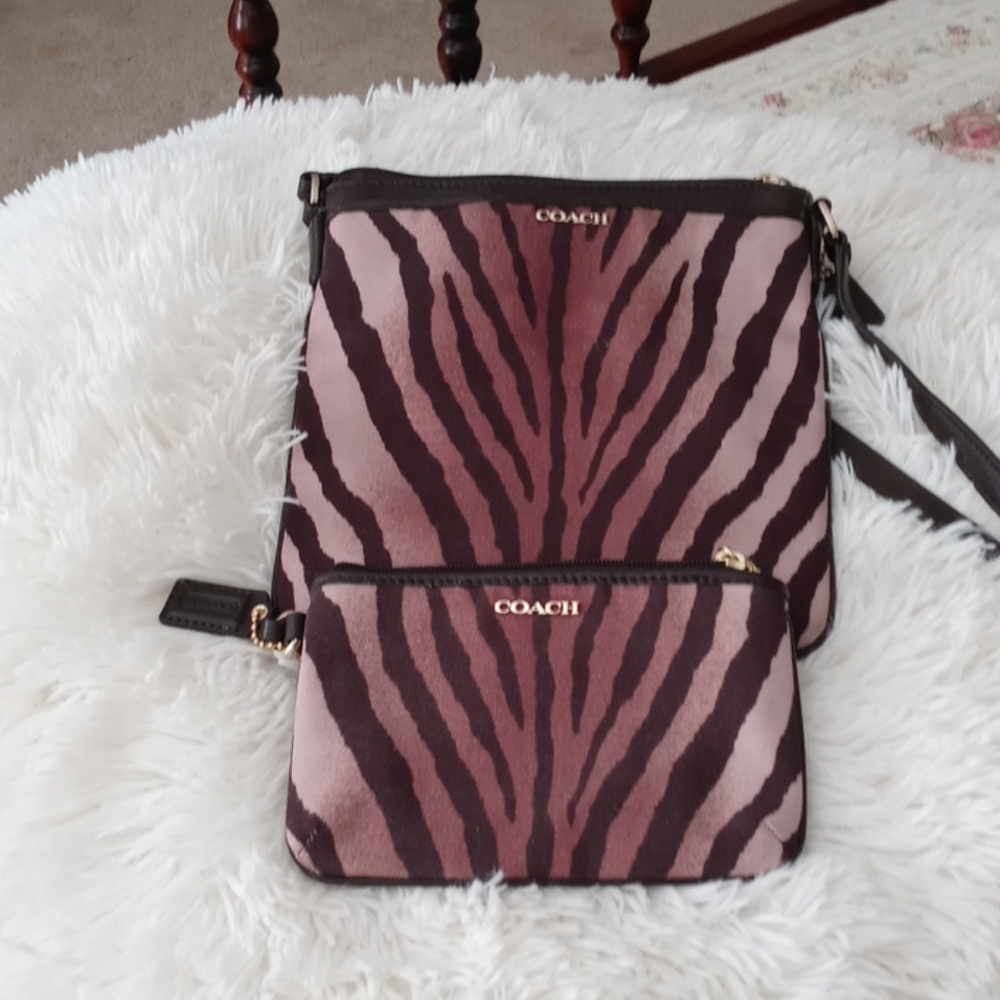 Coach zebra print crossbody with wristlet